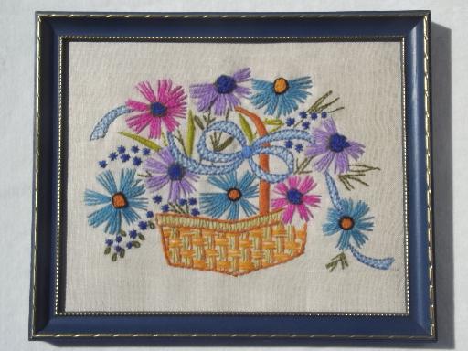 photo of vintage framed needlework, crewel wool embroidered flower pictures on linen #3