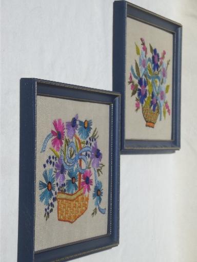photo of vintage framed needlework, crewel wool embroidered flower pictures on linen #4