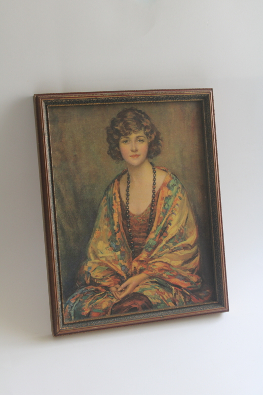 photo of vintage framed picture lady with shawl, Arthur Garratt art portrait print flapper girl  #1