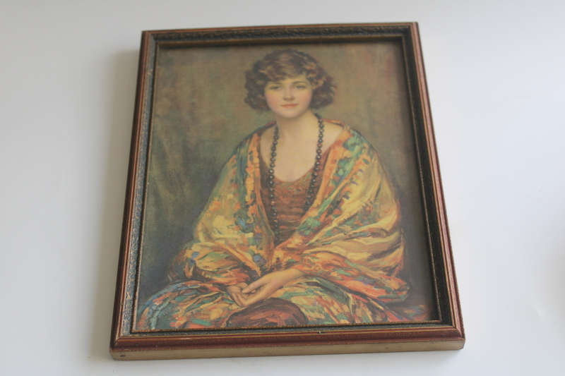 photo of vintage framed picture lady with shawl, Arthur Garratt art portrait print flapper girl  #2