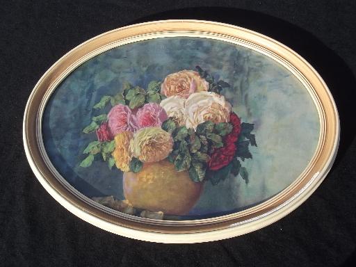 photo of vintage framed print old roses floral art in creamy paint oval frame #1