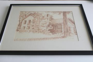 catalog photo of vintage framed print sepia tone art, early Wisconsin homestead, old farmhouse w/ log cabin 