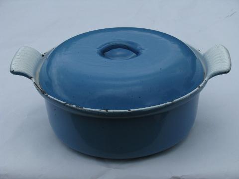 photo of vintage french blue cast iron enamel dutch oven casserole pot, le crueset type #1