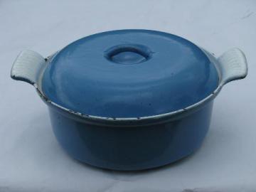 catalog photo of vintage french blue cast iron enamel dutch oven casserole pot, le crueset type