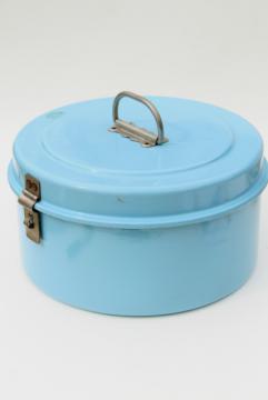 catalog photo of vintage french blue enamel cake carrier, large round tiffin or lunch pail w/ sturdy handle