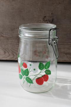 photo of vintage french canning jar hermetic seal glass canister w/ strawberries print