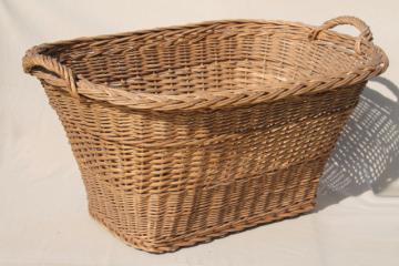 catalog photo of vintage french country chic wicker laundry hamper, big old wash basket w/ handles