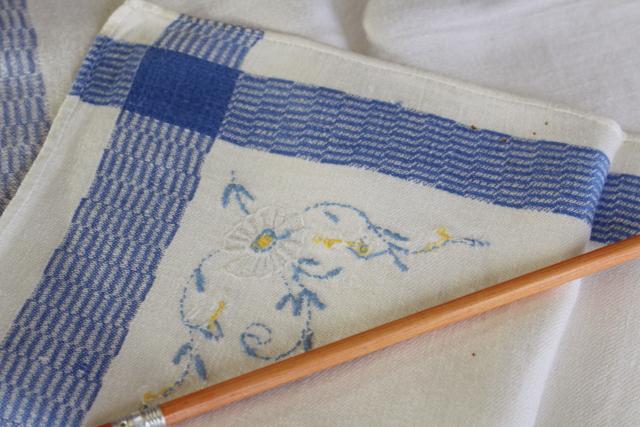 photo of vintage french country damask kitchen tablecloth napkins set, hand embroidered blue & white cotton #6