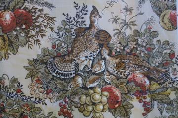 catalog photo of vintage french country farmhouse pheasants print cotton fabric, lightweight glazed chintz