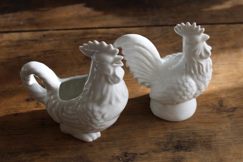 photo of vintage french country farmhouse style pure white china rooster cream pitcher & shaker #1