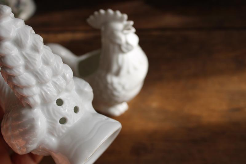 photo of vintage french country farmhouse style pure white china rooster cream pitcher & shaker #3