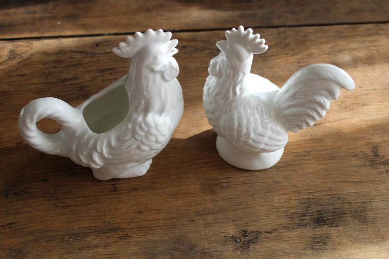 photo of vintage french country farmhouse style pure white china rooster cream pitcher & shaker #8