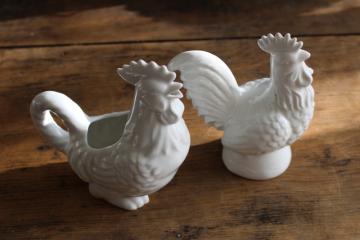 catalog photo of vintage french country farmhouse style pure white china rooster cream pitcher & shaker