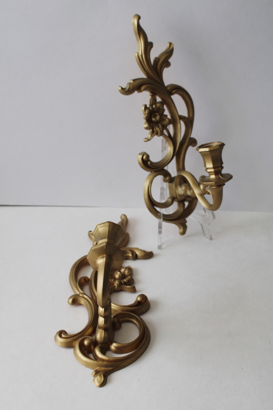 photo of vintage french country style candle holders, pair of wall sconces ornate gold plastic #1