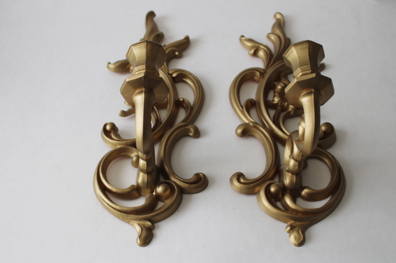 photo of vintage french country style candle holders, pair of wall sconces ornate gold plastic #2