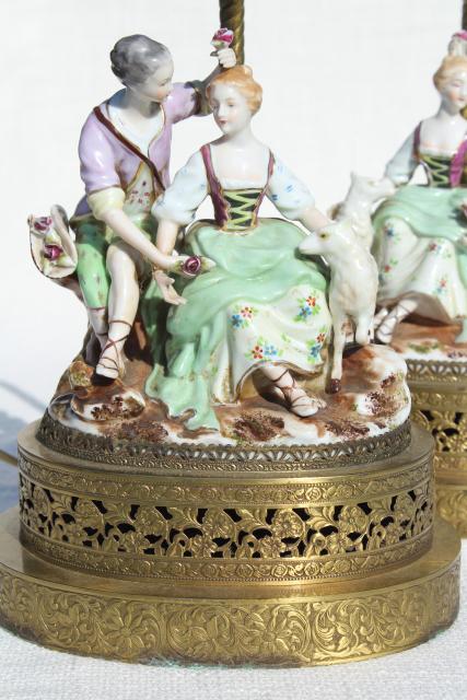 photo of vintage french country style china figurine lamps, Arcadian couple on gold metal filigree bases #8