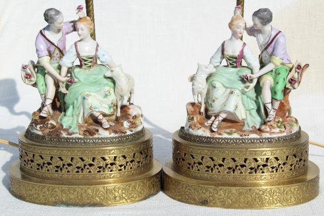 photo of vintage french country style china figurine lamps, Arcadian couple on gold metal filigree bases #9