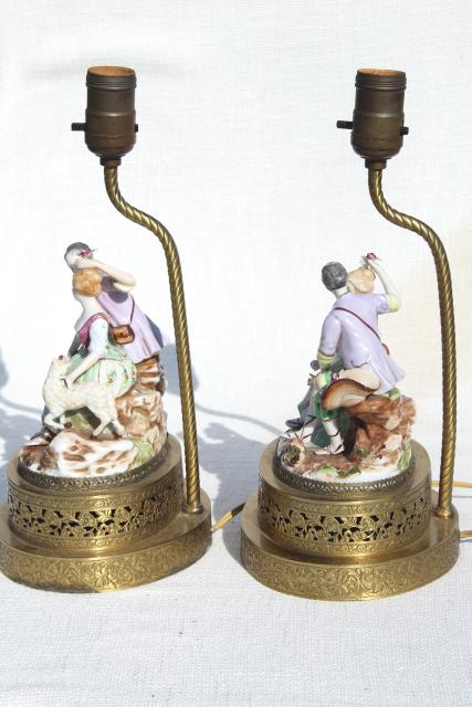 photo of vintage french country style china figurine lamps, Arcadian couple on gold metal filigree bases #10