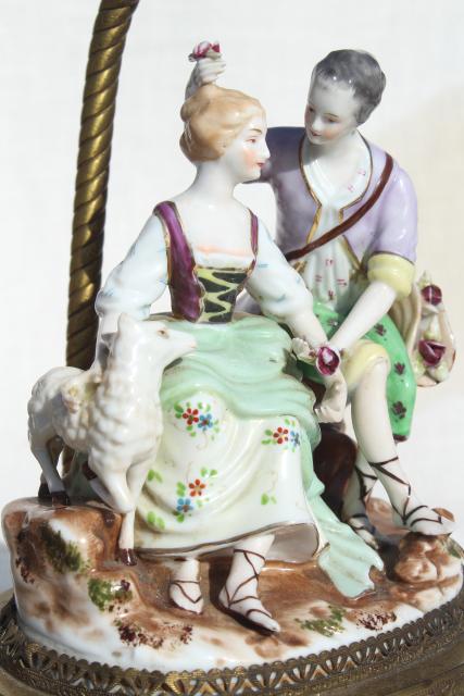 photo of vintage french country style china figurine lamps, Arcadian couple on gold metal filigree bases #12