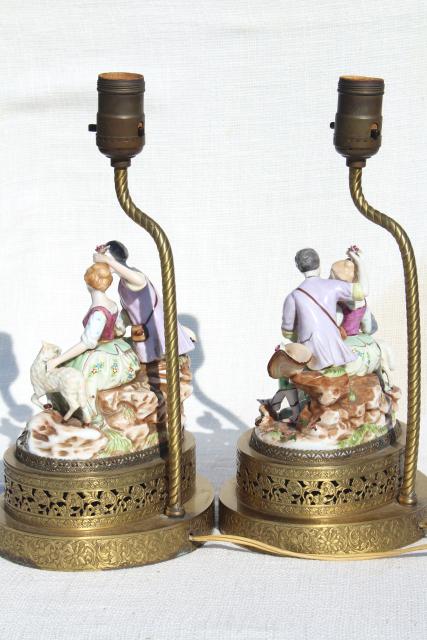 photo of vintage french country style china figurine lamps, Arcadian couple on gold metal filigree bases #14