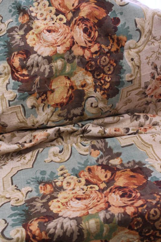 photo of vintage french country style floral print flax linen fabric, large roses bouquets #1