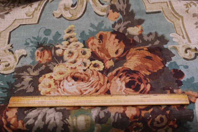 photo of vintage french country style floral print flax linen fabric, large roses bouquets #2