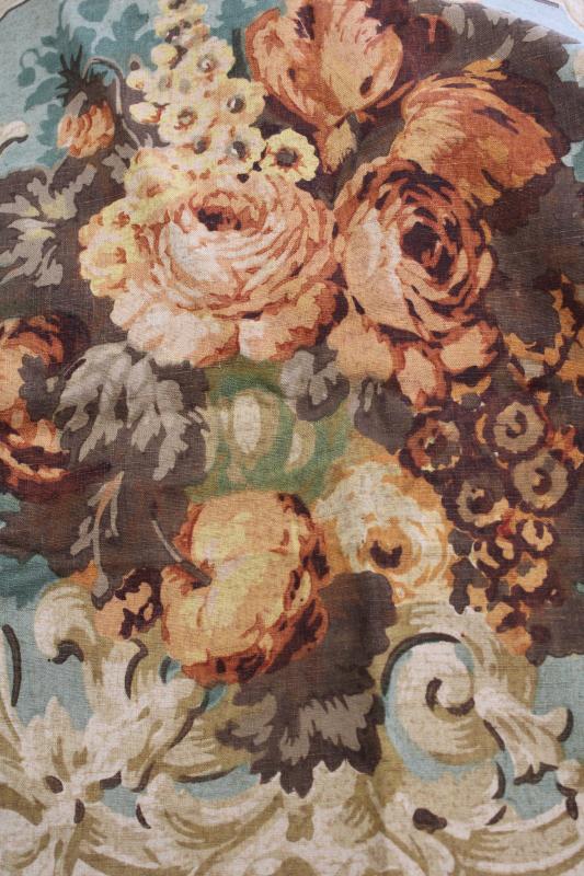 photo of vintage french country style floral print flax linen fabric, large roses bouquets #4