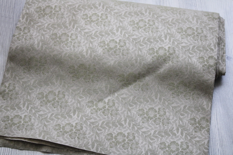 photo of vintage french country style upholstery decor fabric, roses jacquard neutral flax & green hemp look fabric #1