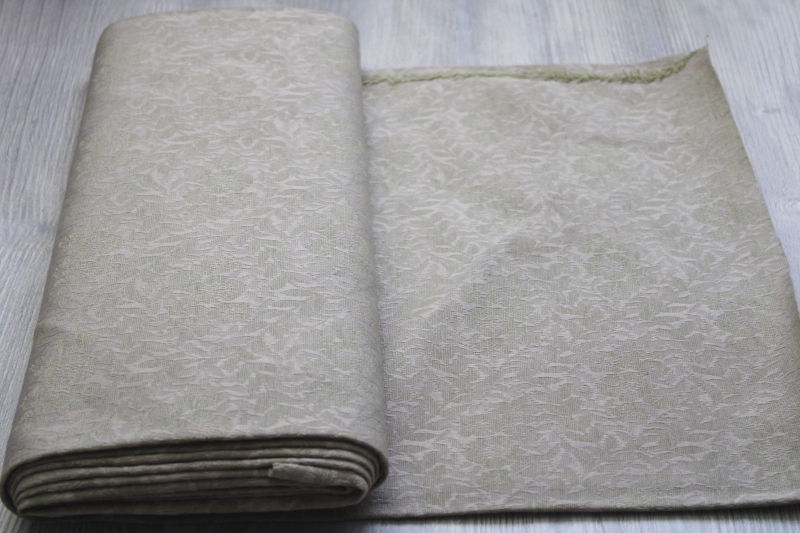 photo of vintage french country style upholstery decor fabric, roses jacquard neutral flax & green hemp look fabric #5