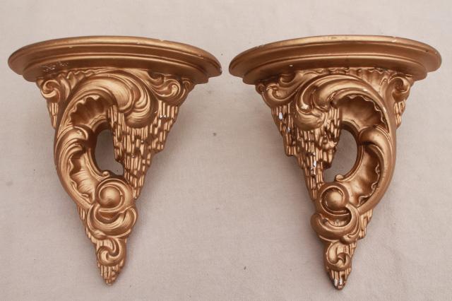 photo of vintage french country wall shelves, pair of gold chalkware half round brackets #1