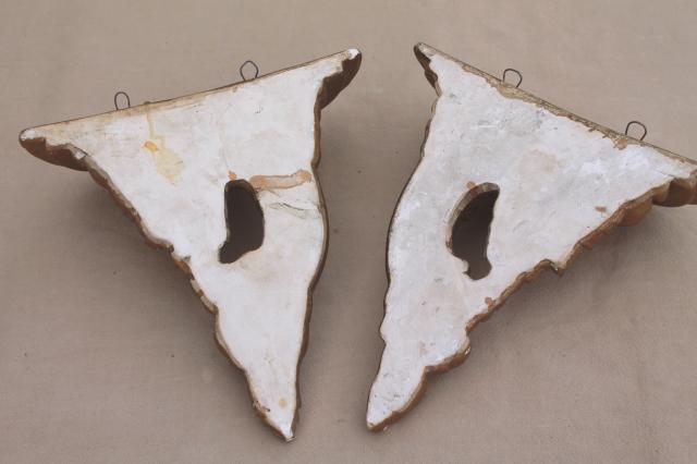 photo of vintage french country wall shelves, pair of gold chalkware half round brackets #2