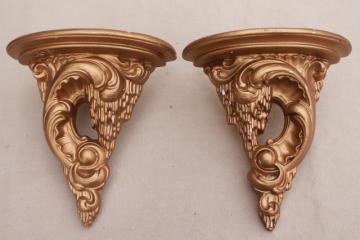 catalog photo of vintage french country wall shelves, pair of gold chalkware half round brackets