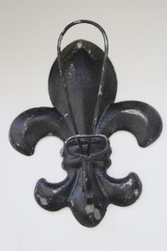 catalog photo of vintage french farmhouse style distressed metal fleur de lis large wall hook, hanging coat rack