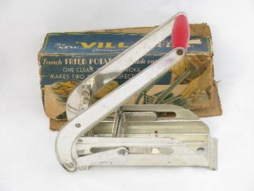 catalog photo of vintage french fry potato cutter, kitchen hand tool in original box from England