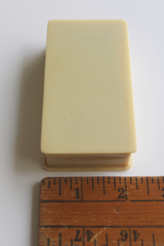 photo of vintage french ivory celluloid trinket box, small jewelry case velvet lined  #5