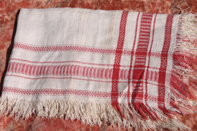 photo of vintage french linen damask tablecloth for farmhouse table, turkey red border w/ fringe #1