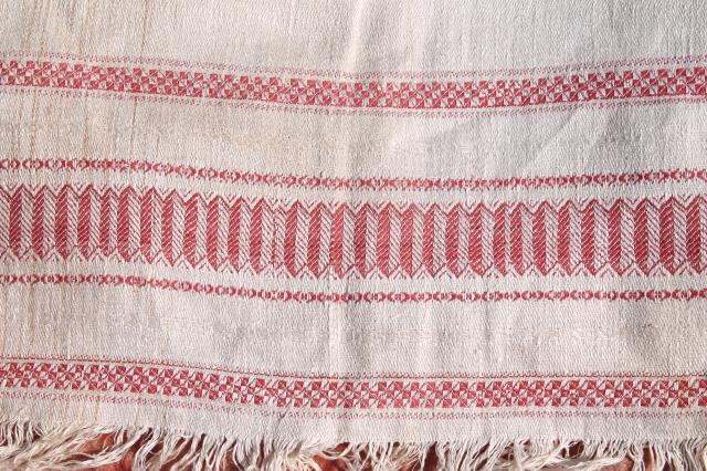 photo of vintage french linen damask tablecloth for farmhouse table, turkey red border w/ fringe #2