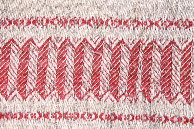 photo of vintage french linen damask tablecloth for farmhouse table, turkey red border w/ fringe #3