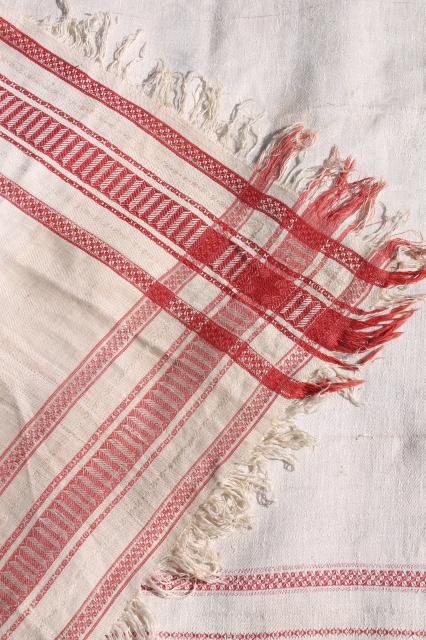 photo of vintage french linen damask tablecloth for farmhouse table, turkey red border w/ fringe #4