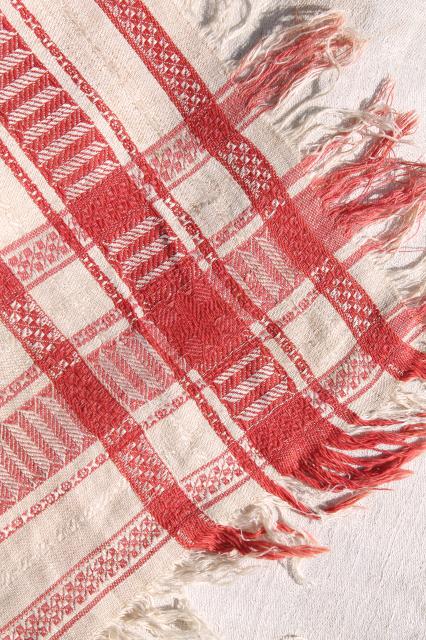 photo of vintage french linen damask tablecloth for farmhouse table, turkey red border w/ fringe #5