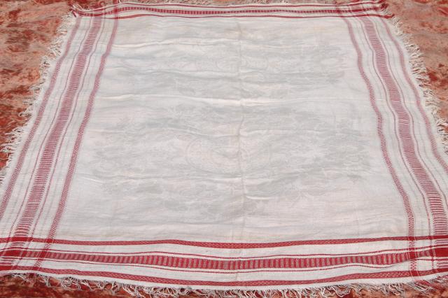 photo of vintage french linen damask tablecloth for farmhouse table, turkey red border w/ fringe #7