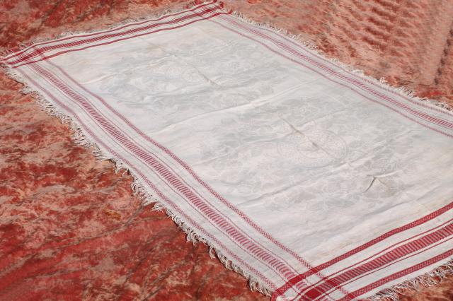 photo of vintage french linen damask tablecloth for farmhouse table, turkey red border w/ fringe #8