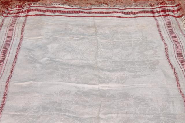 photo of vintage french linen damask tablecloth for farmhouse table, turkey red border w/ fringe #9