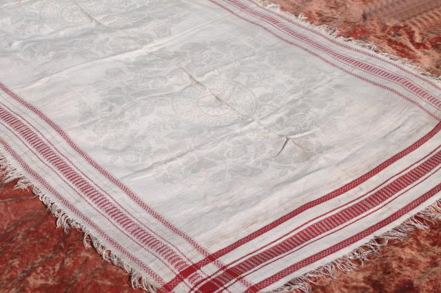 photo of vintage french linen damask tablecloth for farmhouse table, turkey red border w/ fringe #10