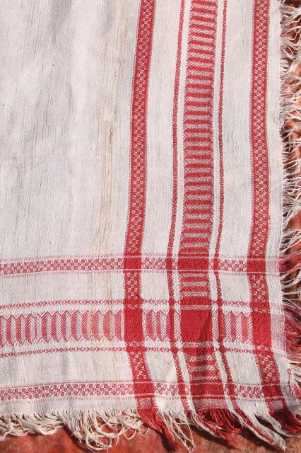 photo of vintage french linen damask tablecloth for farmhouse table, turkey red border w/ fringe #11