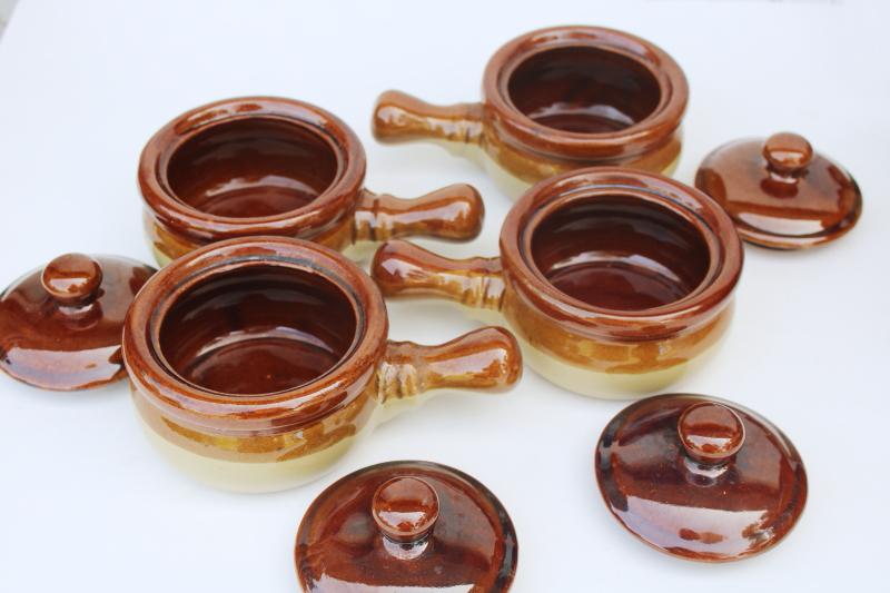 photo of vintage french onion soup bowls, individual stoneware casserole dishes w/ stick handle #2