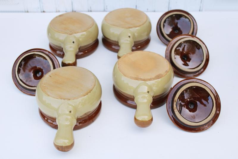 photo of vintage french onion soup bowls, individual stoneware casserole dishes w/ stick handle #3