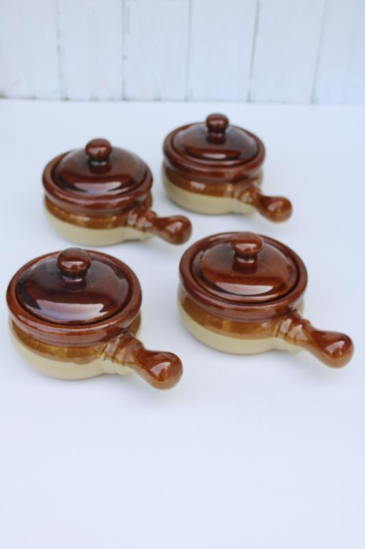 photo of vintage french onion soup bowls, individual stoneware casserole dishes w/ stick handle #5