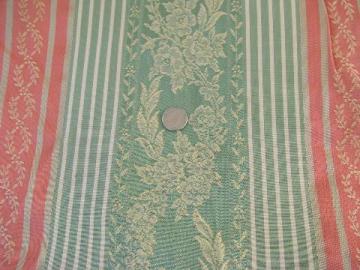 catalog photo of vintage french pillow ticking, rose & green stripe cotton brocade, antique fabric