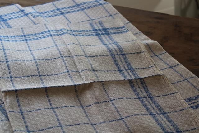 photo of vintage french pure linen towel fabric, unused toweling diamond weave blue & creamy white #2